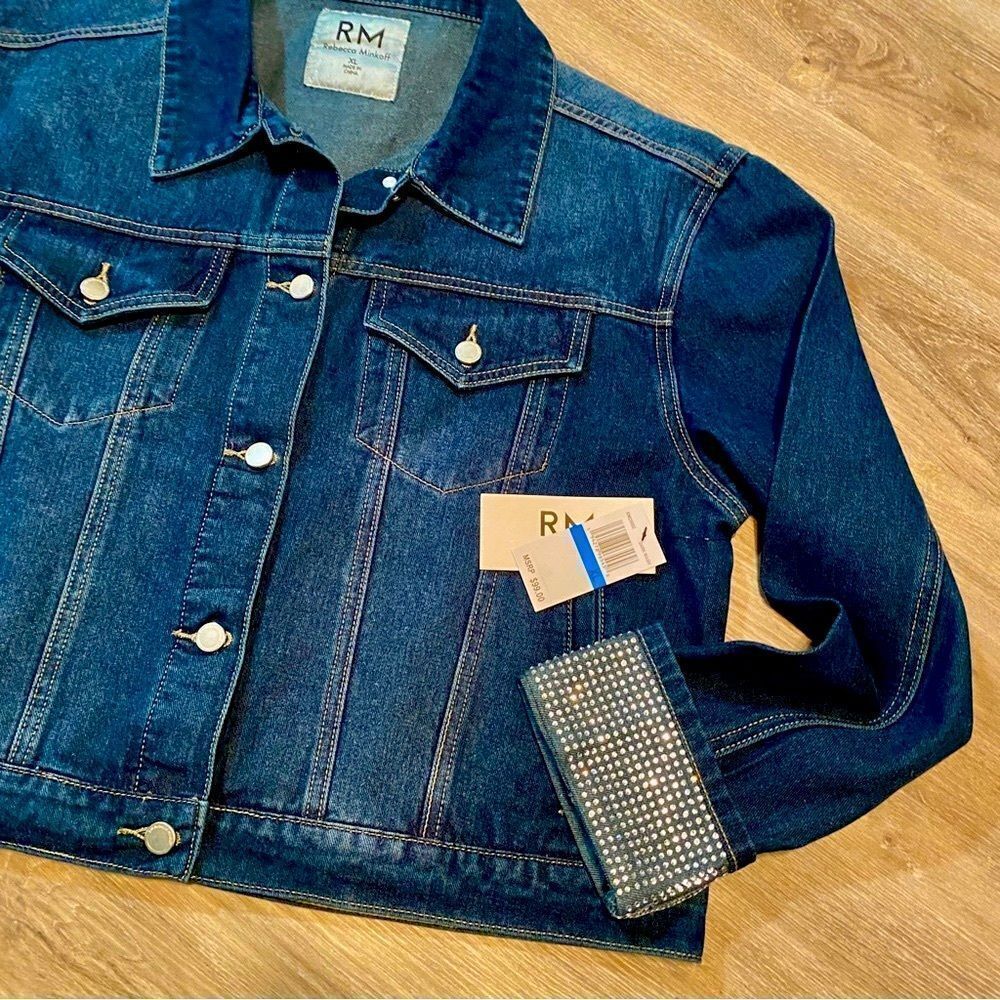 REBECCA MINKOFF DARK WASH DENIM JACKET WITH RHINESTONE EMBELLISHED CUFFS XL NWT